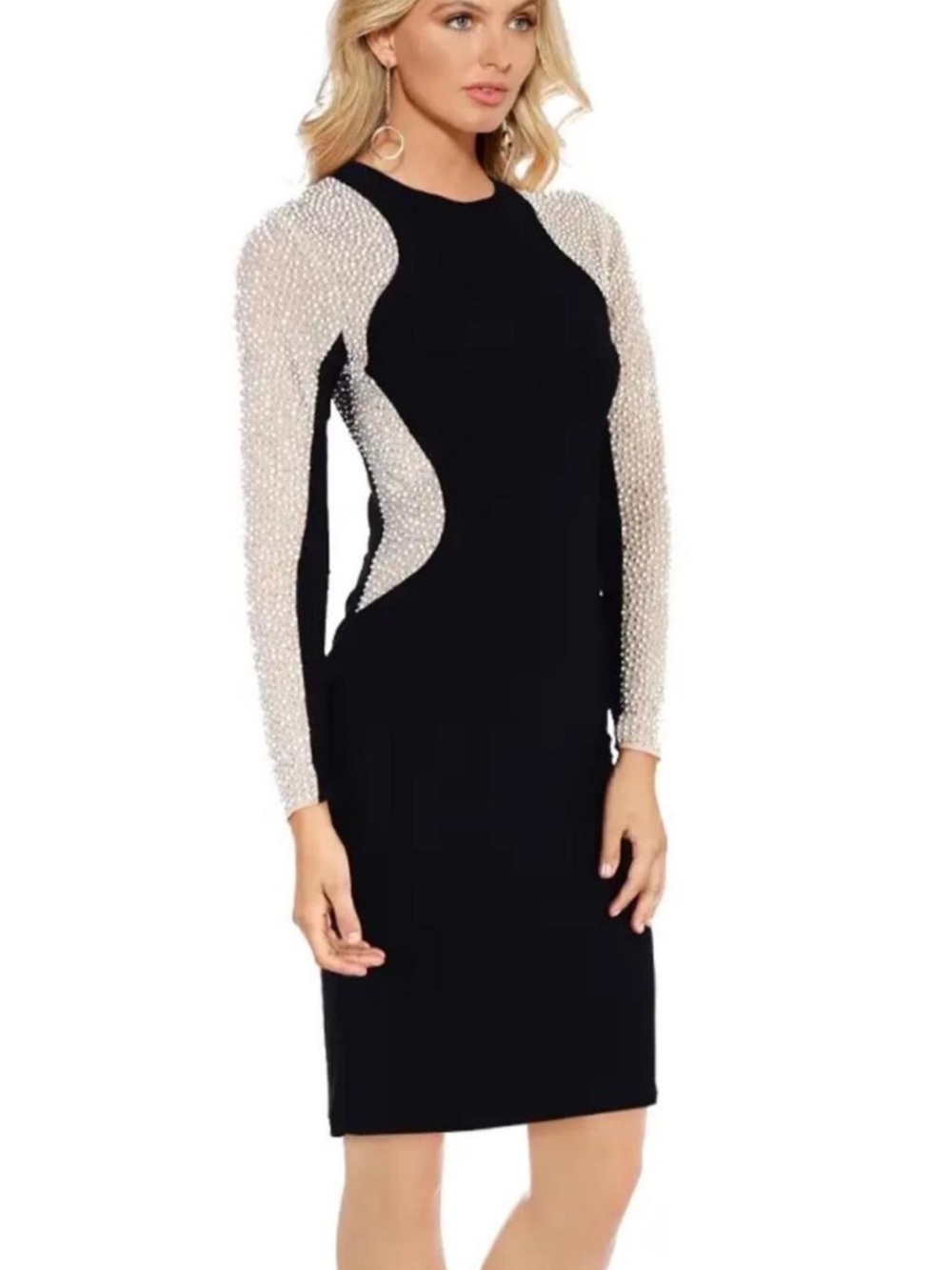 Xscape Black Beaded Illusion Long Sleeve Sheath Dress, size 10